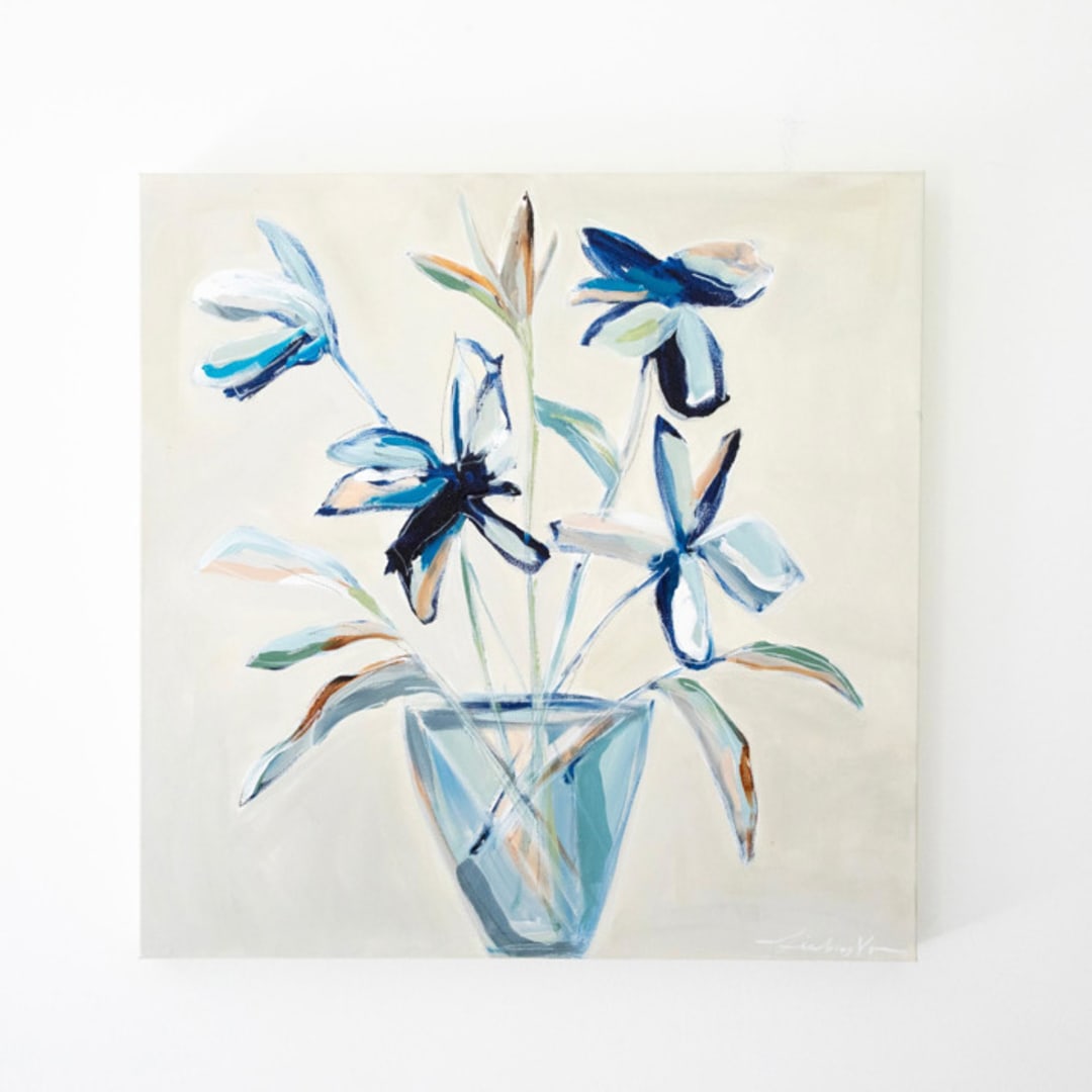 "Whimsical Potted Floral Play I" - Original Painting in blue by Lindsay Von