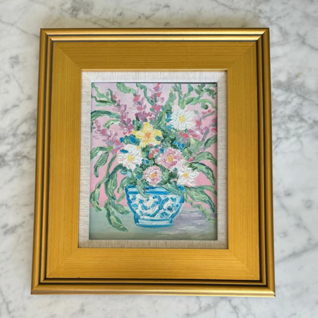 "“Petals in Porcelain” – 14” x 16“ framed original painting" - Original Painting in multicolor by Sarah Mankin