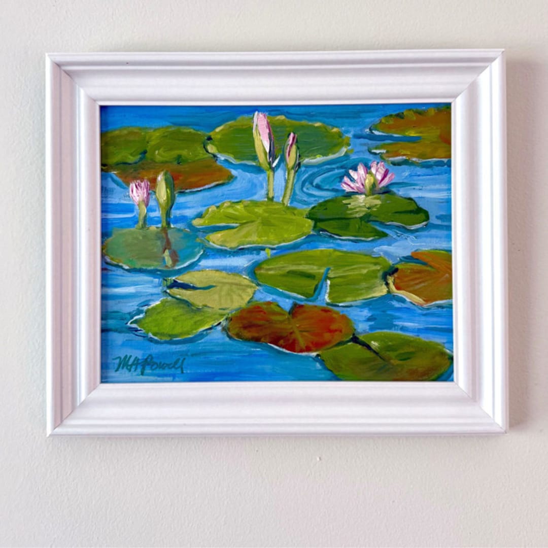 ""Pink Lily Pond" original Framed Oil Painting" - Original Painting in blue by Mary Hills Powell