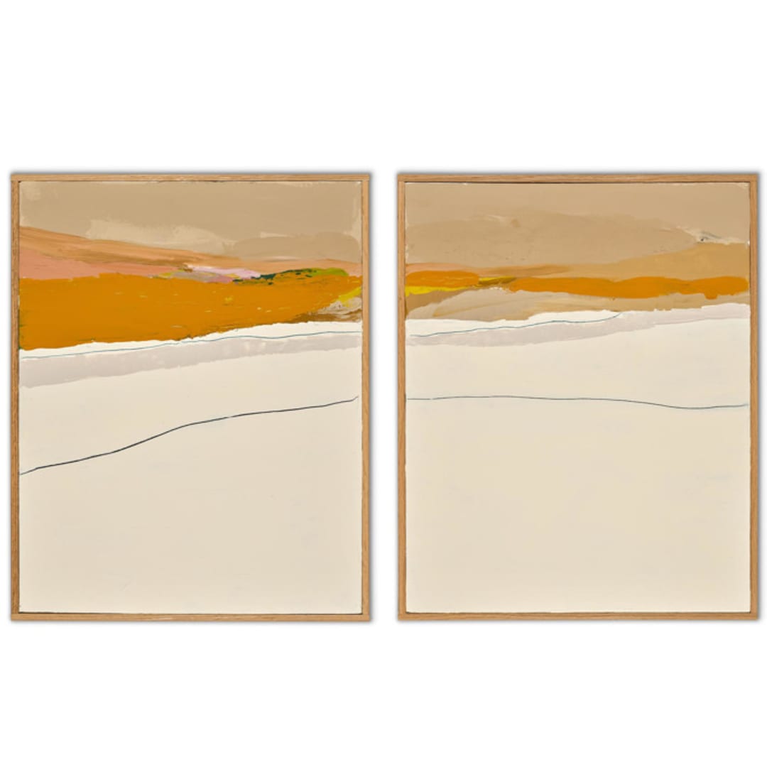 "August Haze Diptych (Pair)" - Original Painting in yellow by Caryn Owen