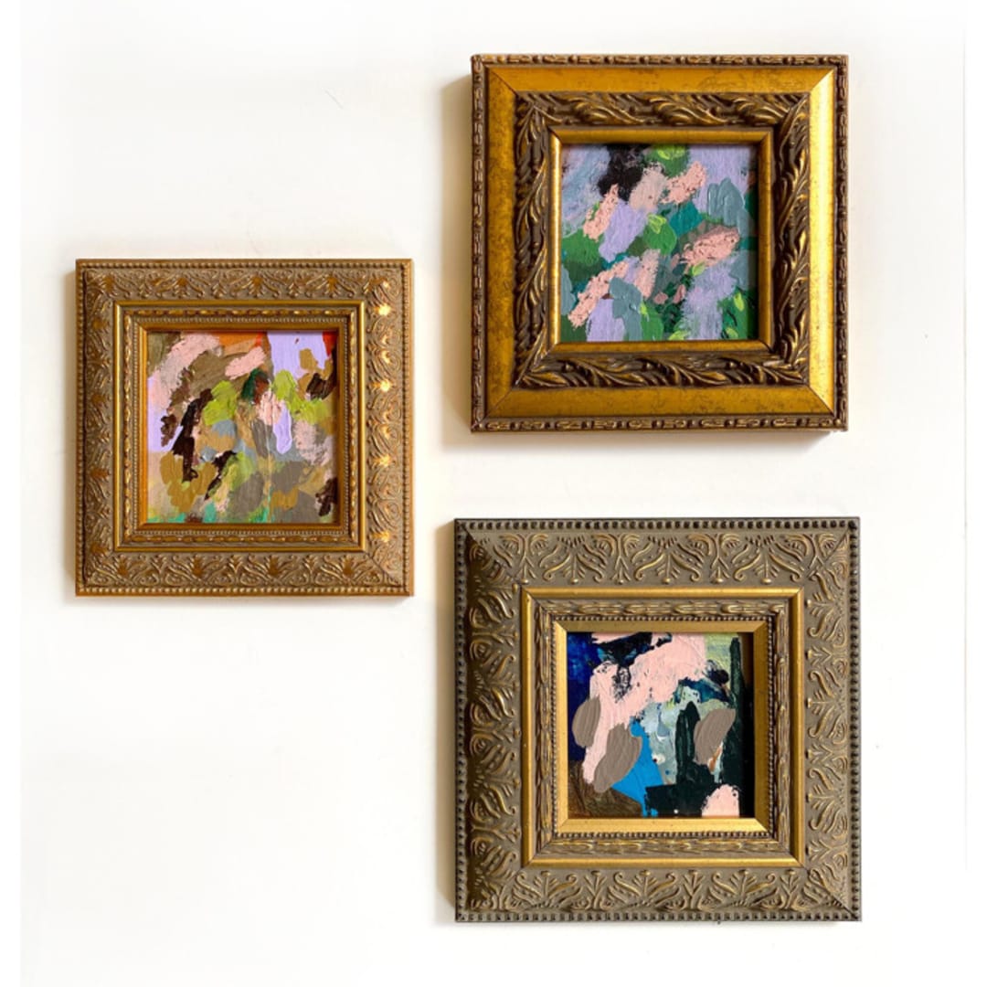 "Abstract Blossoms Set of 3" - Original Painting in gold by Jessalin Beutler