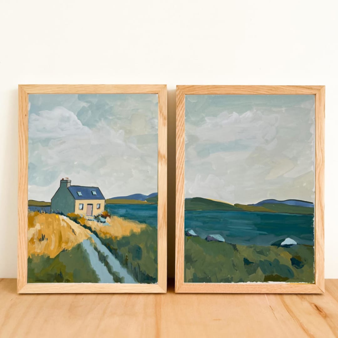 "Serenity by the Lake - Set Of 2 Original Gouache Paintings" - Original Painting in yellow by Lucrecia Caporale