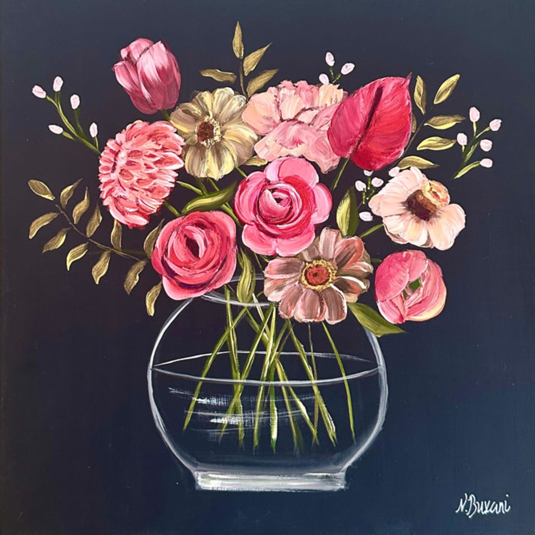 "Floral Mini 77" - Original Painting in black by Neena Buxani