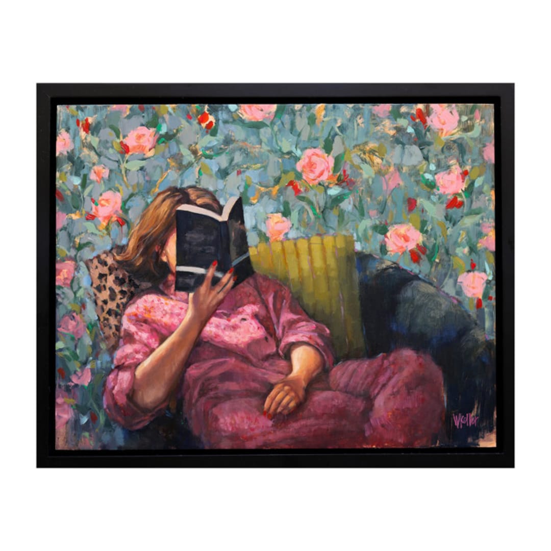 "A Good Book" - Original Painting in pink by Wendy Keller