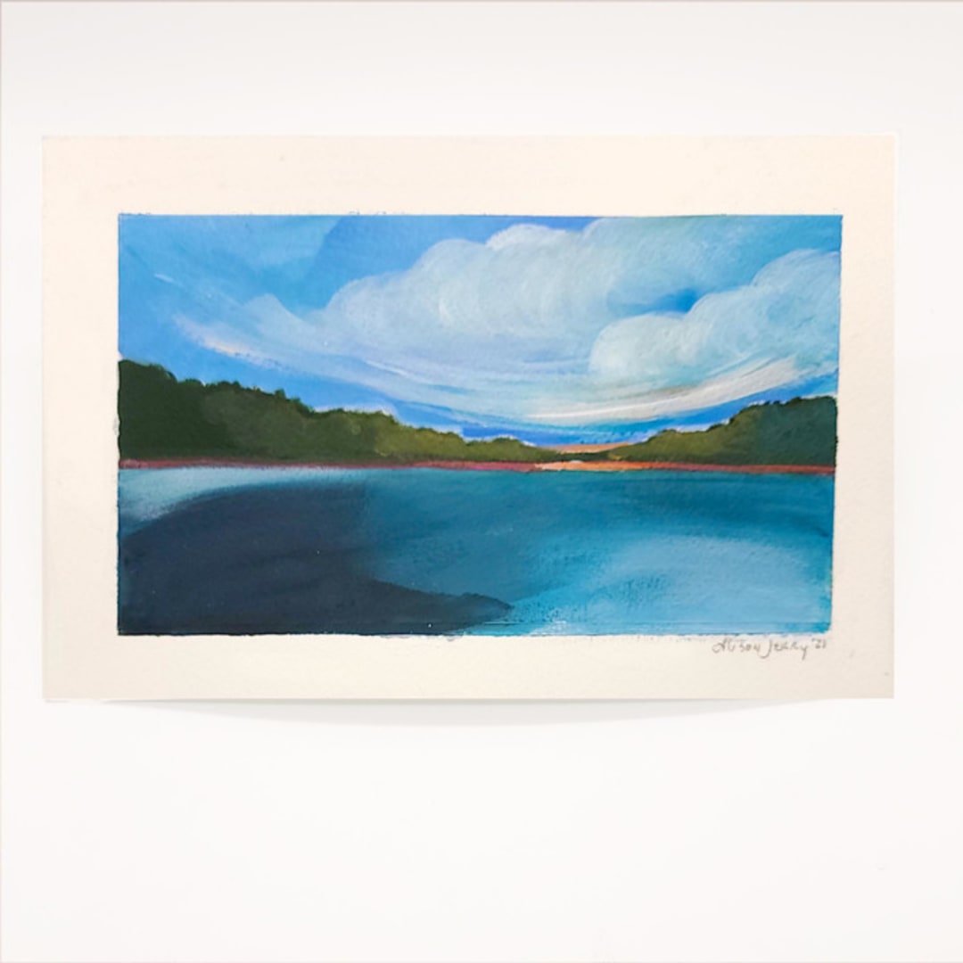 "Sunset Over The Lake" - Original Painting in blue by AlisonJerry