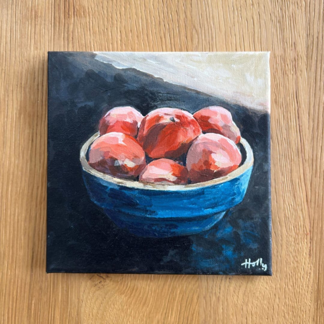 "Peaches in a Blue Bowl" - Original Painting in multicolorassorted-colors by Holly Rose