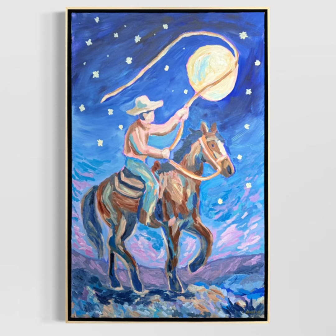 ""The Boy Who Lassoed the Moon" – 36x24 – Framed Original Painting" - Original Painting in multicolorassorted-colors by Sarah Mankin