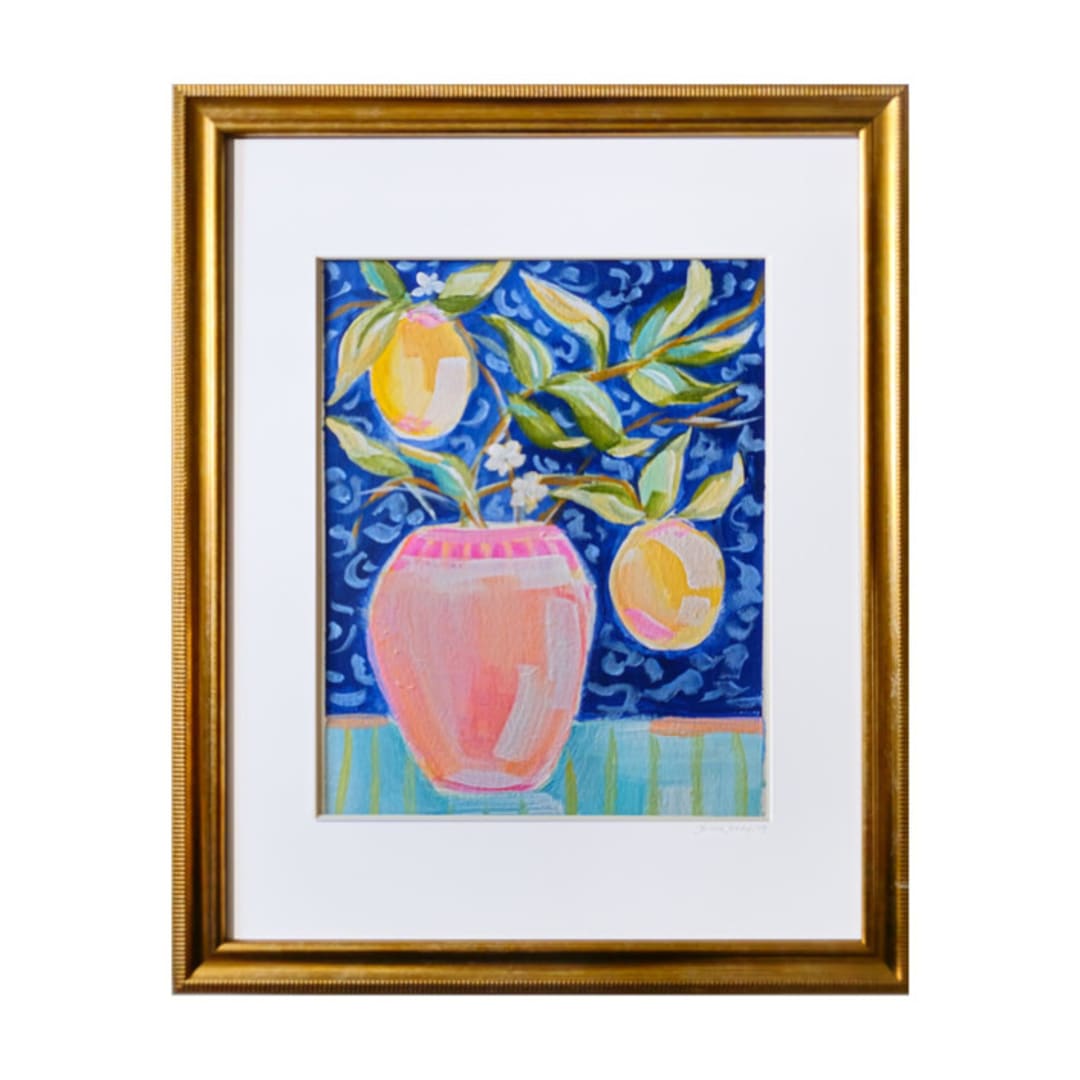 "Lemons w/Vase" - Original Painting in blue by AlisonJerry