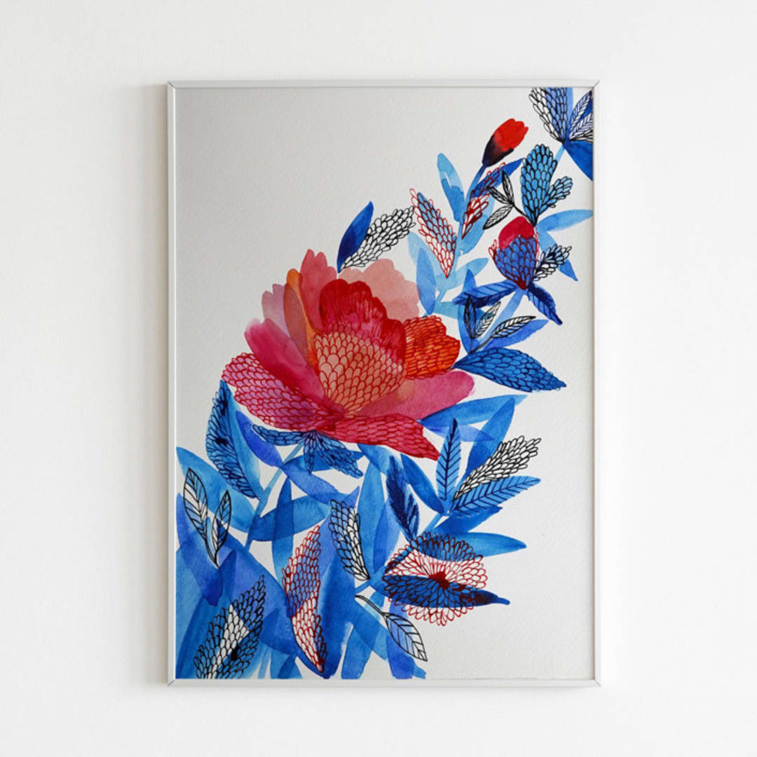 "Red Flower Original Watercolor and Ink Painting" - Original Painting in multicolor by Alexandra Dzh