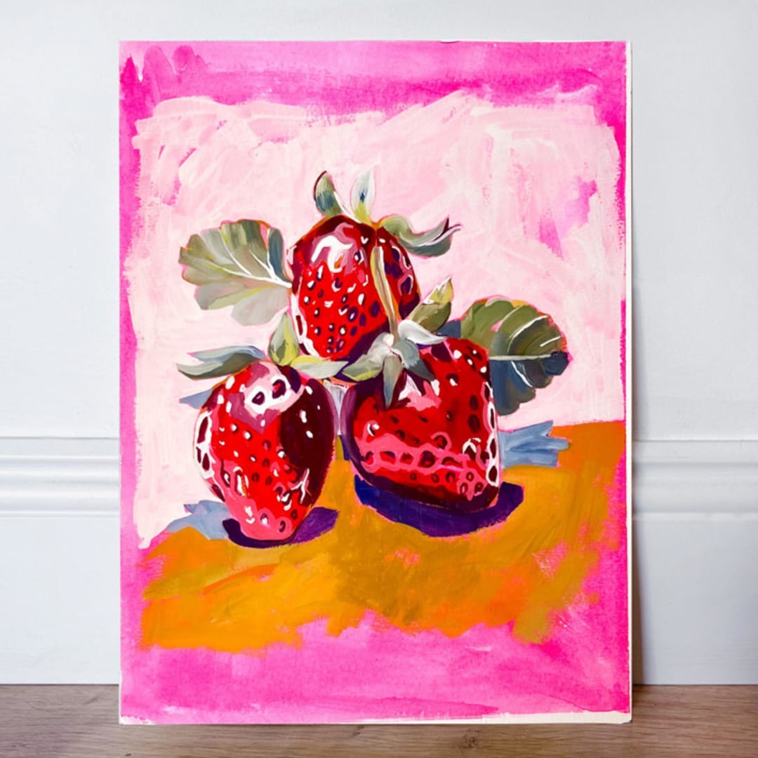Tasty and Delicious Strawberries gouache painting