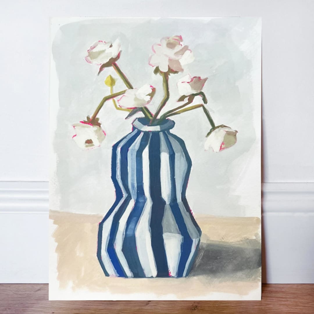 "Striped Vase 01 Original Gouache Painting" - Original Painting in blue by Lucrecia Caporale