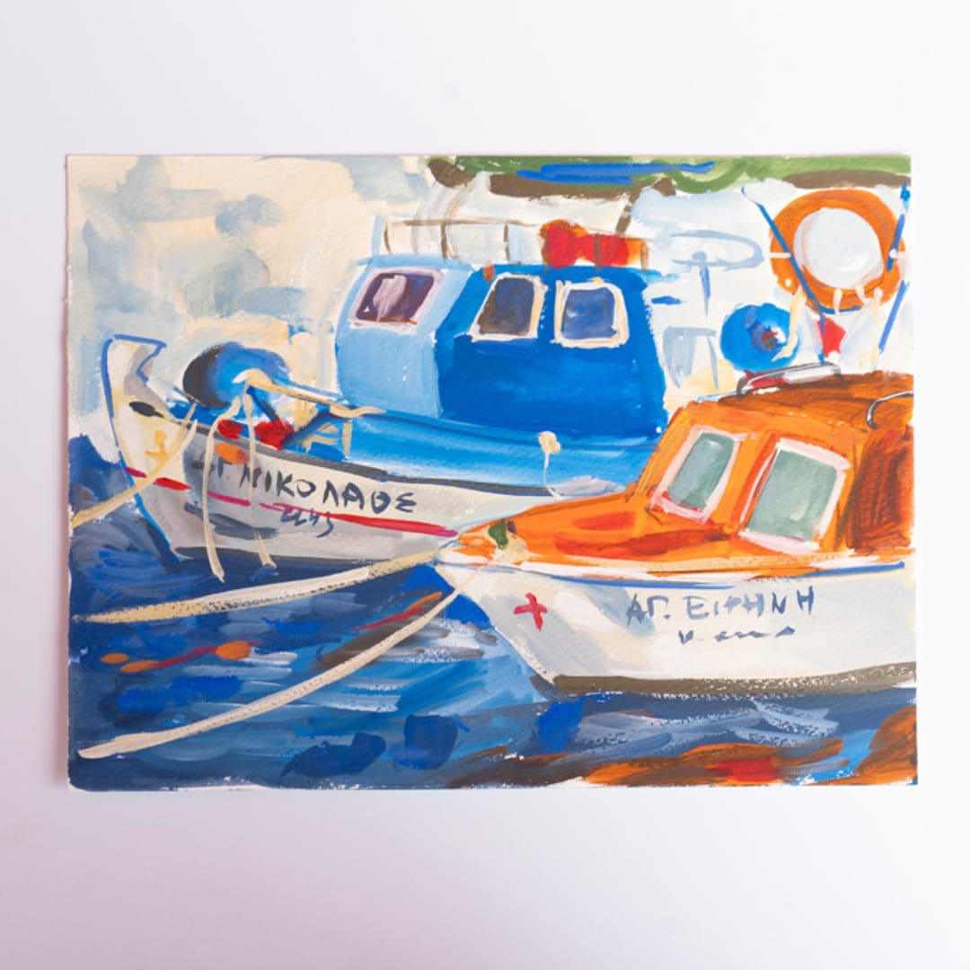 "Mediterranean boats painting" - Original Painting in multicolorassorted-colors by Alexandra Dzh