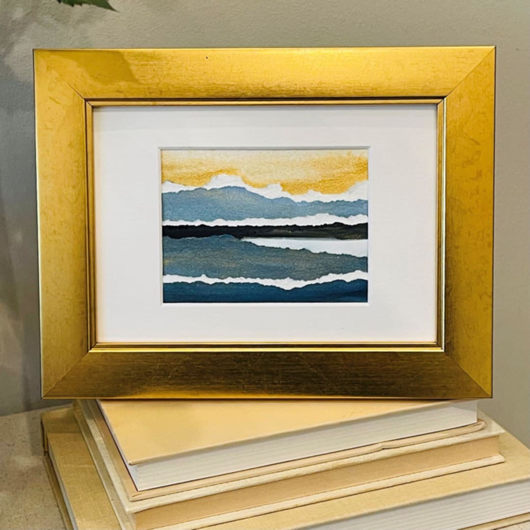 "A View So Vast It Takes Your Breath Away | Collaged Watercolor" - Original Mixed Media in gold by Golden Lines and Silver Linings