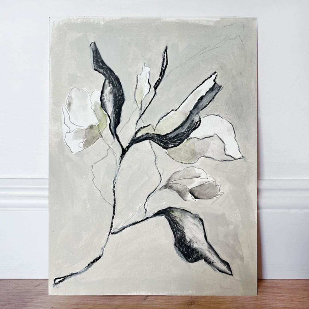 "Botanical scribble in black and white" - Original Mixed Media in black by Lucrecia Caporale
