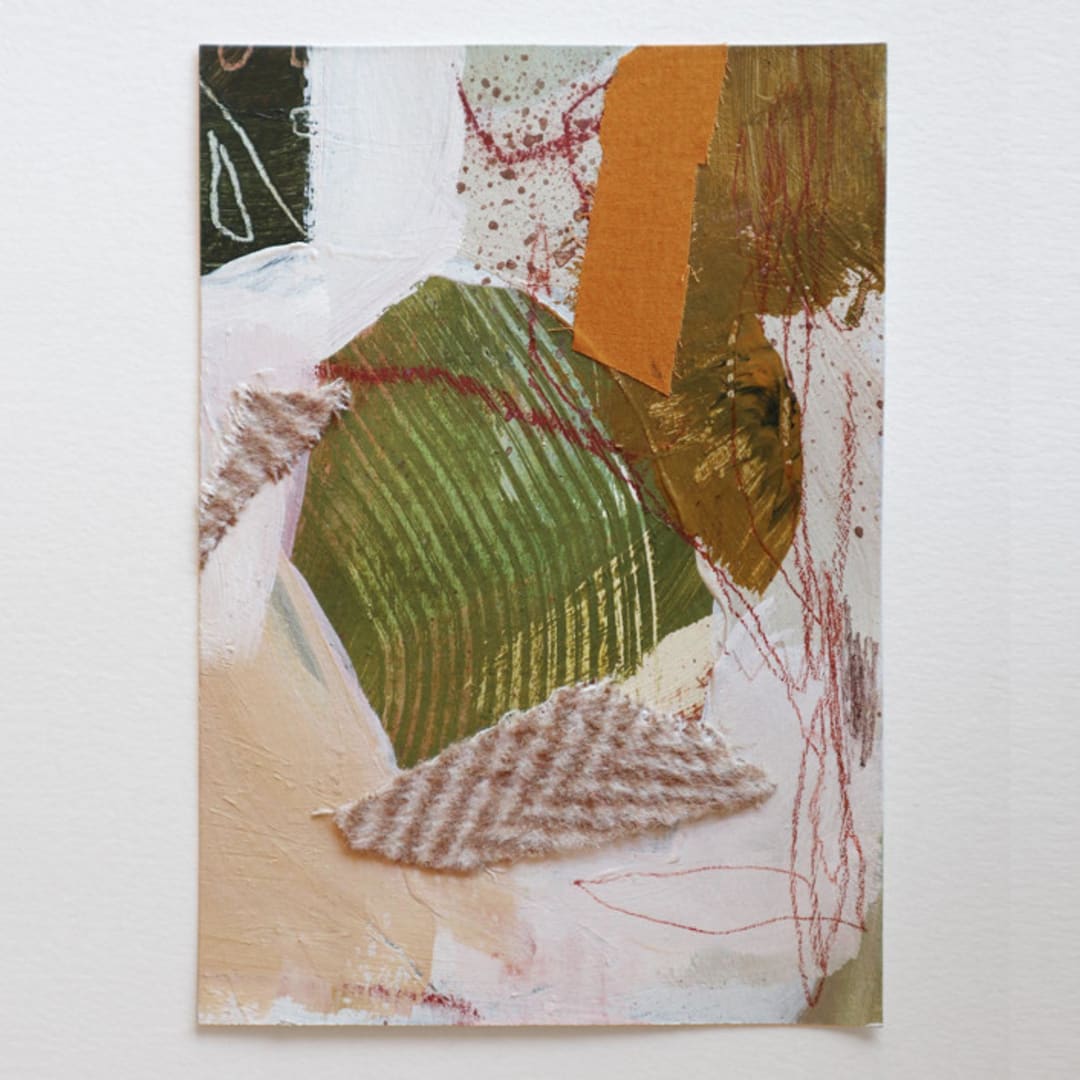 "Tucked Between Cliffs , Contemporary Abstract Painting, Textile Abstract Painting, 5x7 on Paper" - Original Mixed Media in natural by Kiersten Poultney