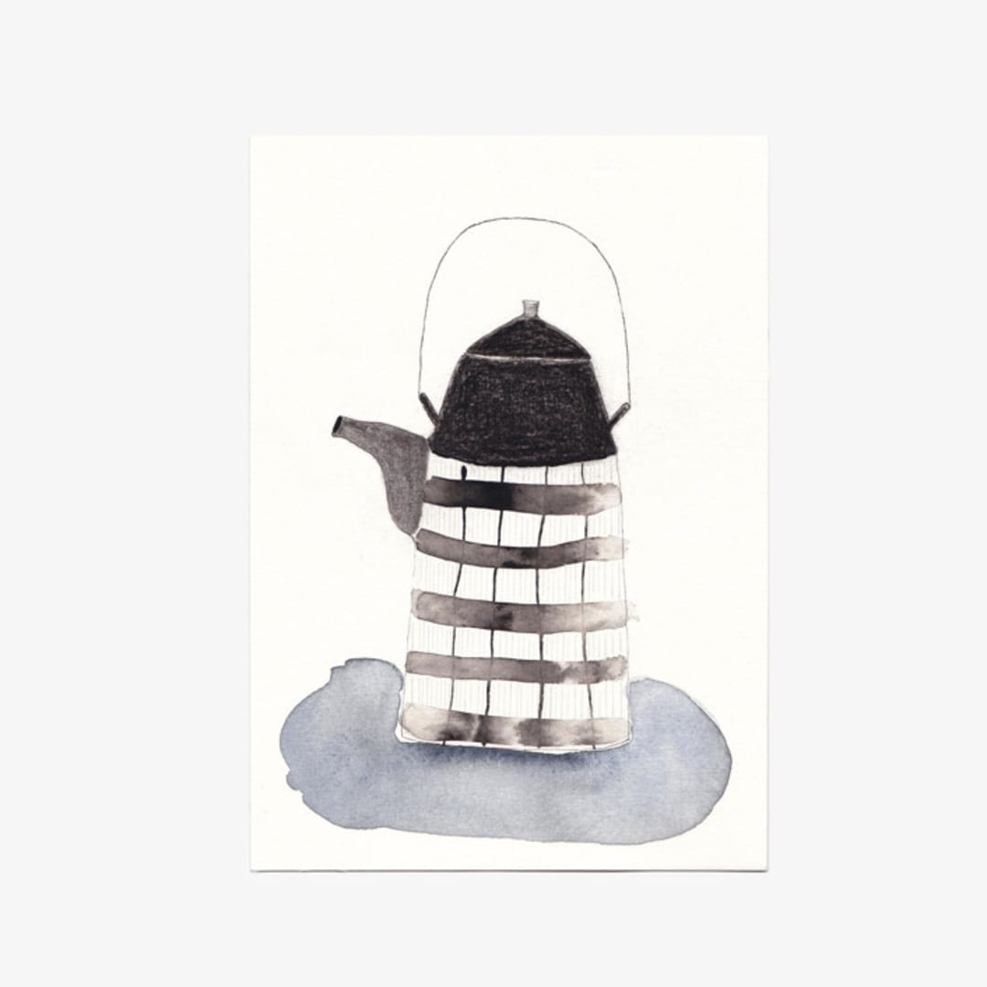 "Striped Tea Kettle" - Original Mixed Media in black by Danushka Abeygoda