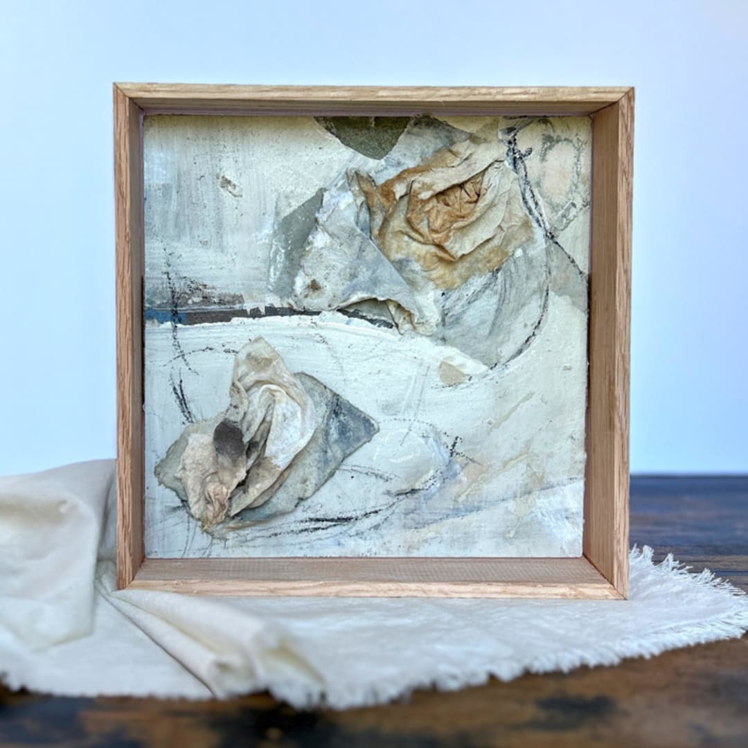 "Ollie" - Original Mixed Media in beige by Mande Calhoun