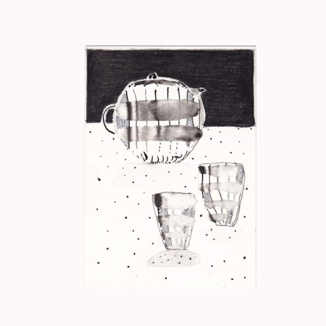 "Tea set in Contrast" - Original Mixed Media in black by Danushka Abeygoda