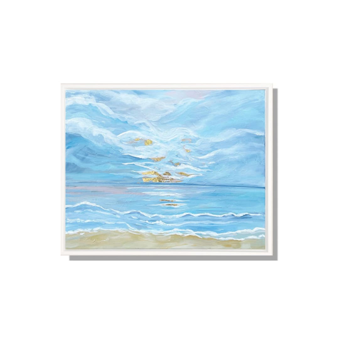 "Sunset at the Beach" - Original Mixed Media in blue by Johanne Dziemian