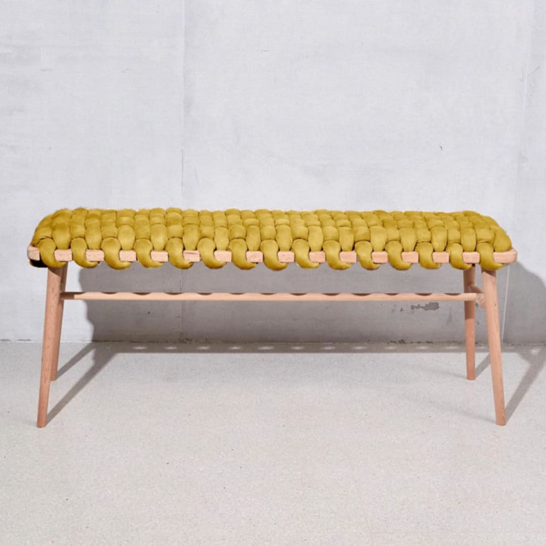 "Desert Yellow Vegan Suede Woven Bench 94 CM" - Bar Carts in yellow by Knots Studio
