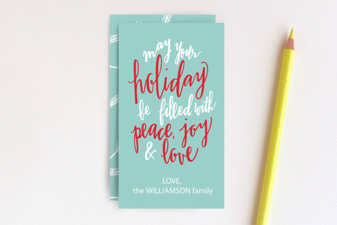 "Hand Lettered Peace, Joy & Love " - Stationery in Light Blue by Alicia Schultz - Front