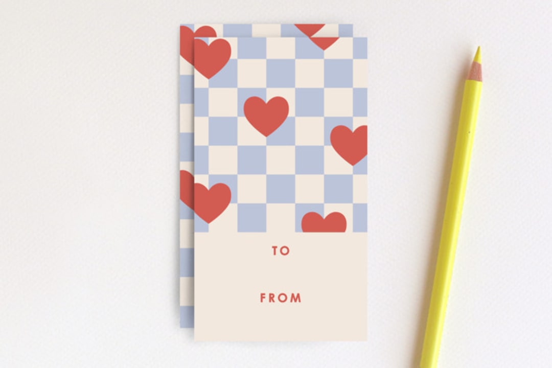 "Checkered Hearts Gift Tag" - Stationery in Cherry by Amber Barkley - Front