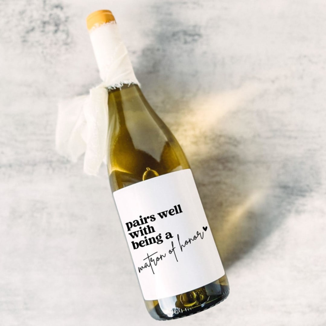 "Matron of Honor Gift Wine Label | Pairs well with being a Matron of Honor" - Bridesmaid Gifts in white by The Pretty Little Mess