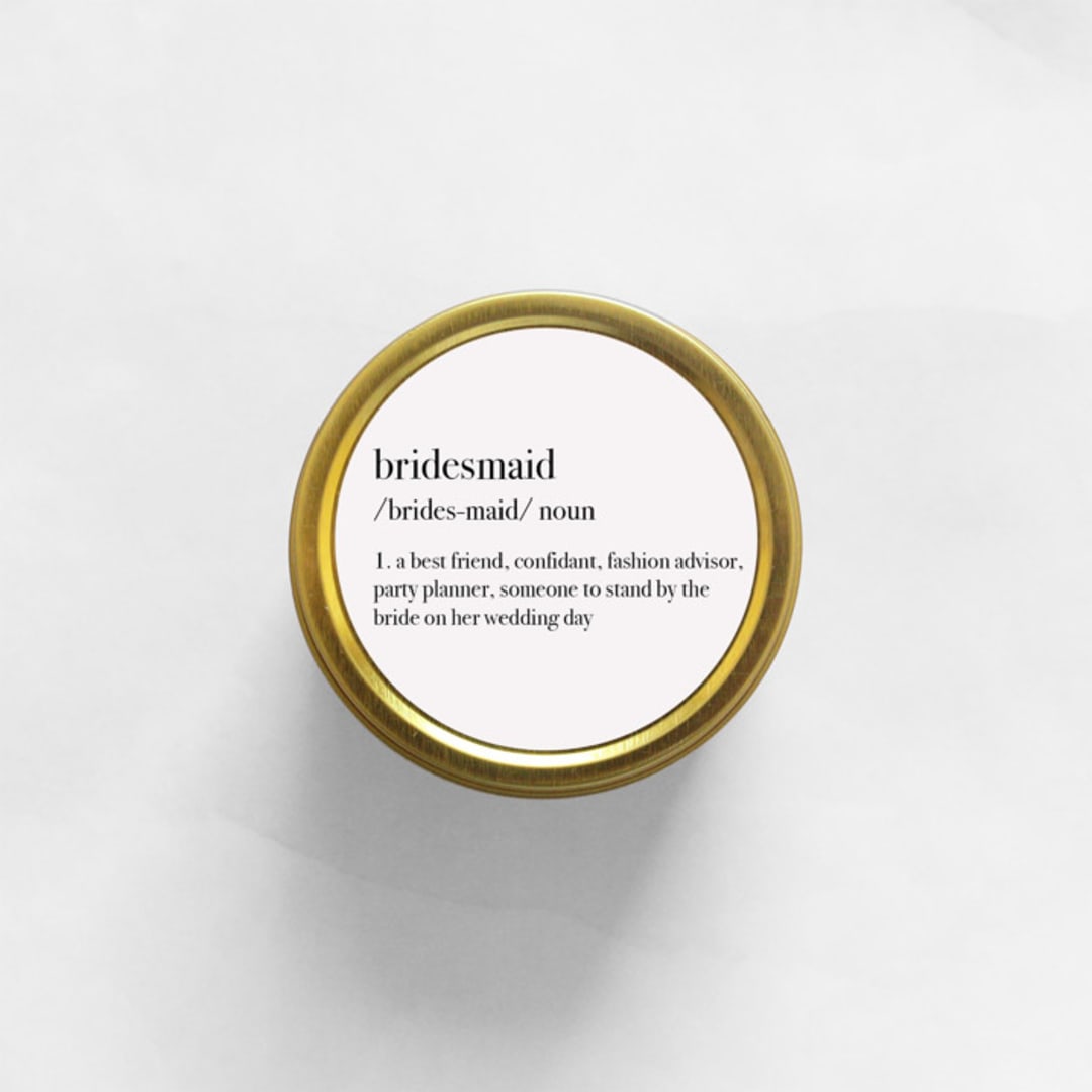 "Bridesmaid Definition Soy Candle | Gold Travel Tin" - Bridesmaid Gifts in gold by Aria Bella Candles