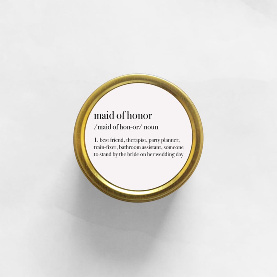 "Maid of Honor Definition Soy Candle | Gold Travel Tin" - Bridesmaid Gifts in gold by Aria Bella Candles