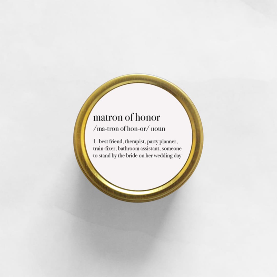 "Matron of Honor Definition Soy Candle | Gold Travel Tin" - Bridesmaid Gifts in gold by Aria Bella Candles
