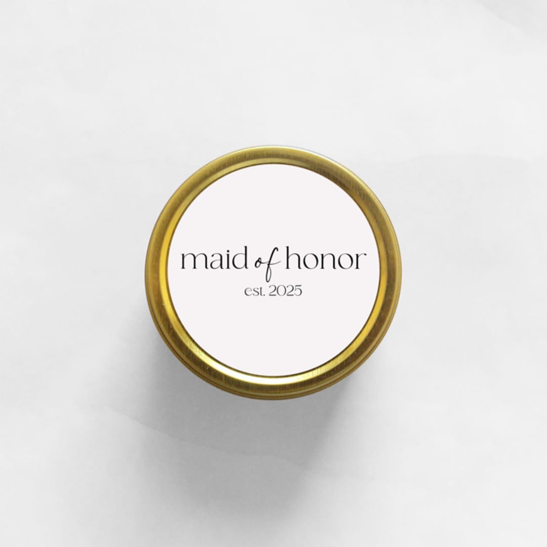 "Maid of Honor Est. 2025 Soy Candle | Gold Travel Tin" - Bridesmaid Gifts in gold by Aria Bella Candles