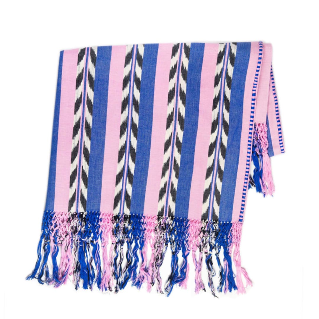 "Palm Ikat Blue and Pink Cotton Throw Blanket" - Blankets and Throws in pink by Archive New York