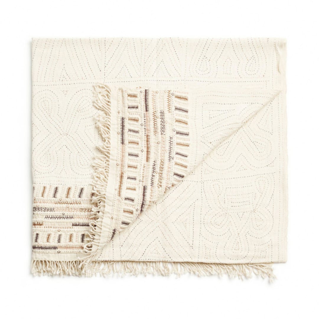 "Unah Brown Fully Hand Embroidered Throw" - Blankets and Throws in white by Anjali Purohit