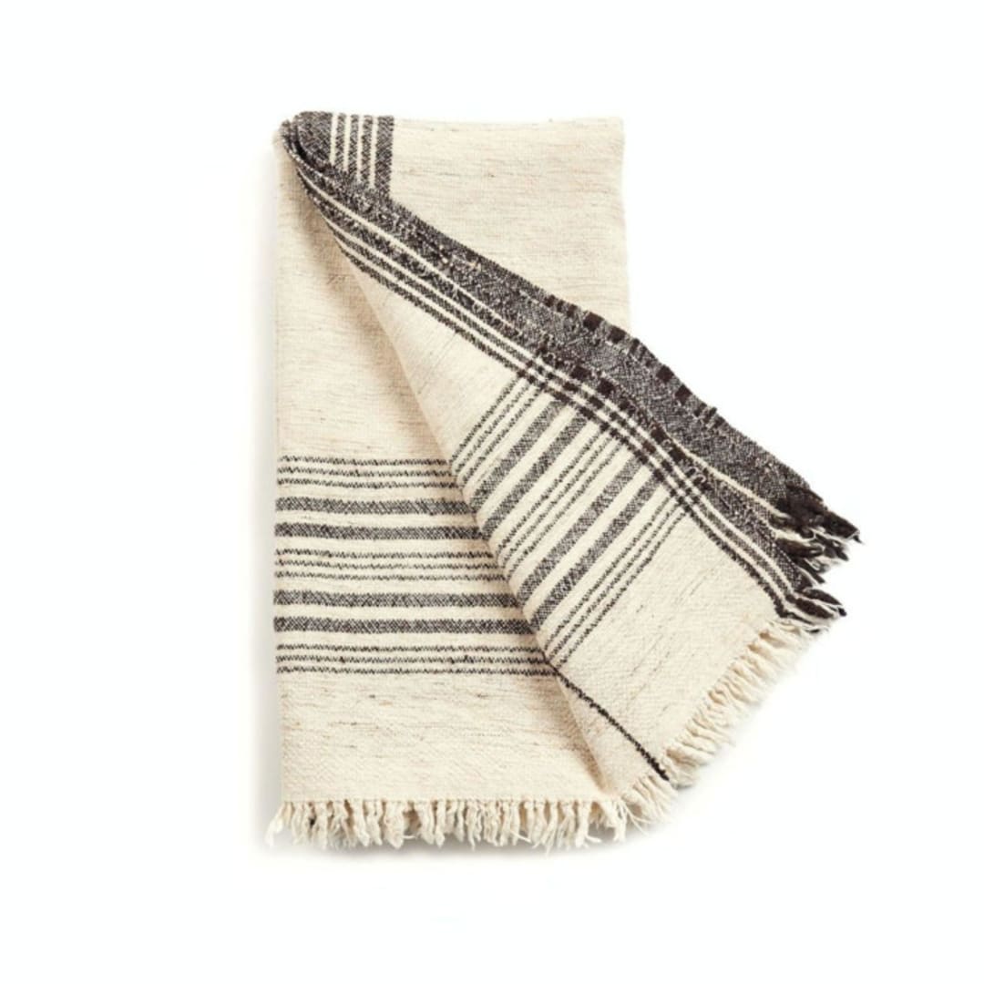 "Seytu Undyed Black & White Artisanal Stripes Handloom Merino Cotton Soft Blend Throw" - Blankets and Throws in white by Anjali Purohit