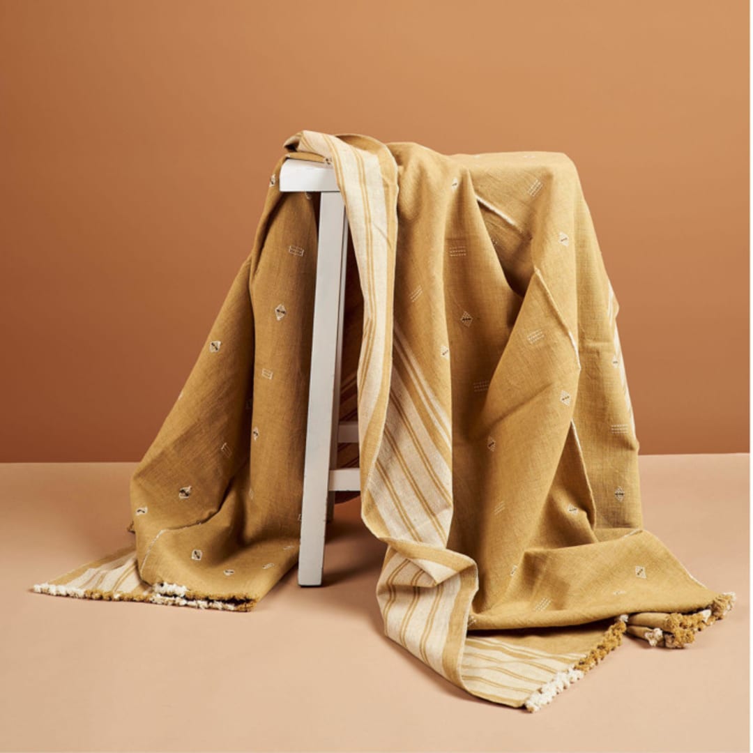 "Reyti Ochre Throw" - Blankets and Throws in yellow by Anjali Purohit
