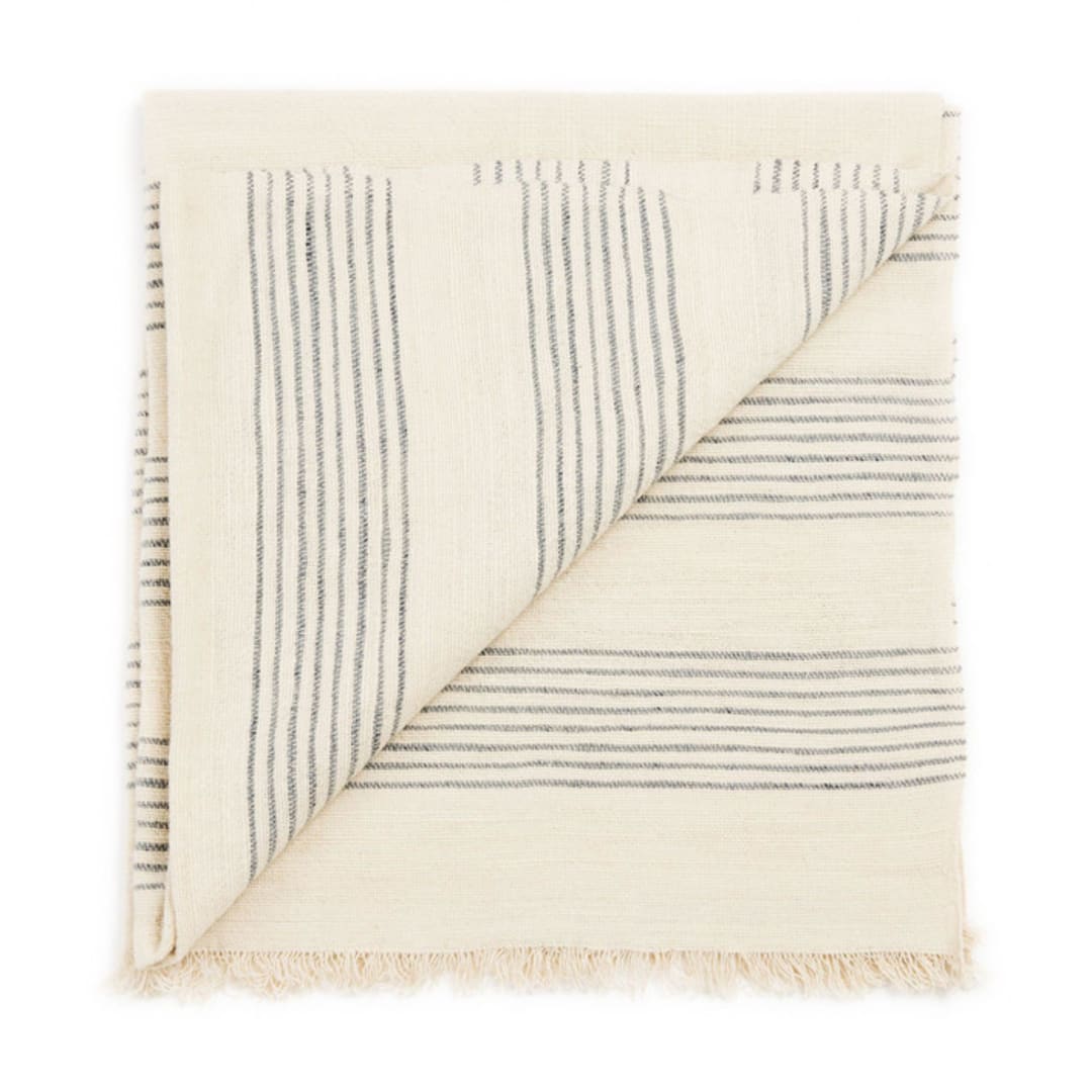 "Silica Chalk Off White And Gray Stripes Pattern Soft Handwoven Merino Throw" - Blankets and Throws in white by Anjali Purohit