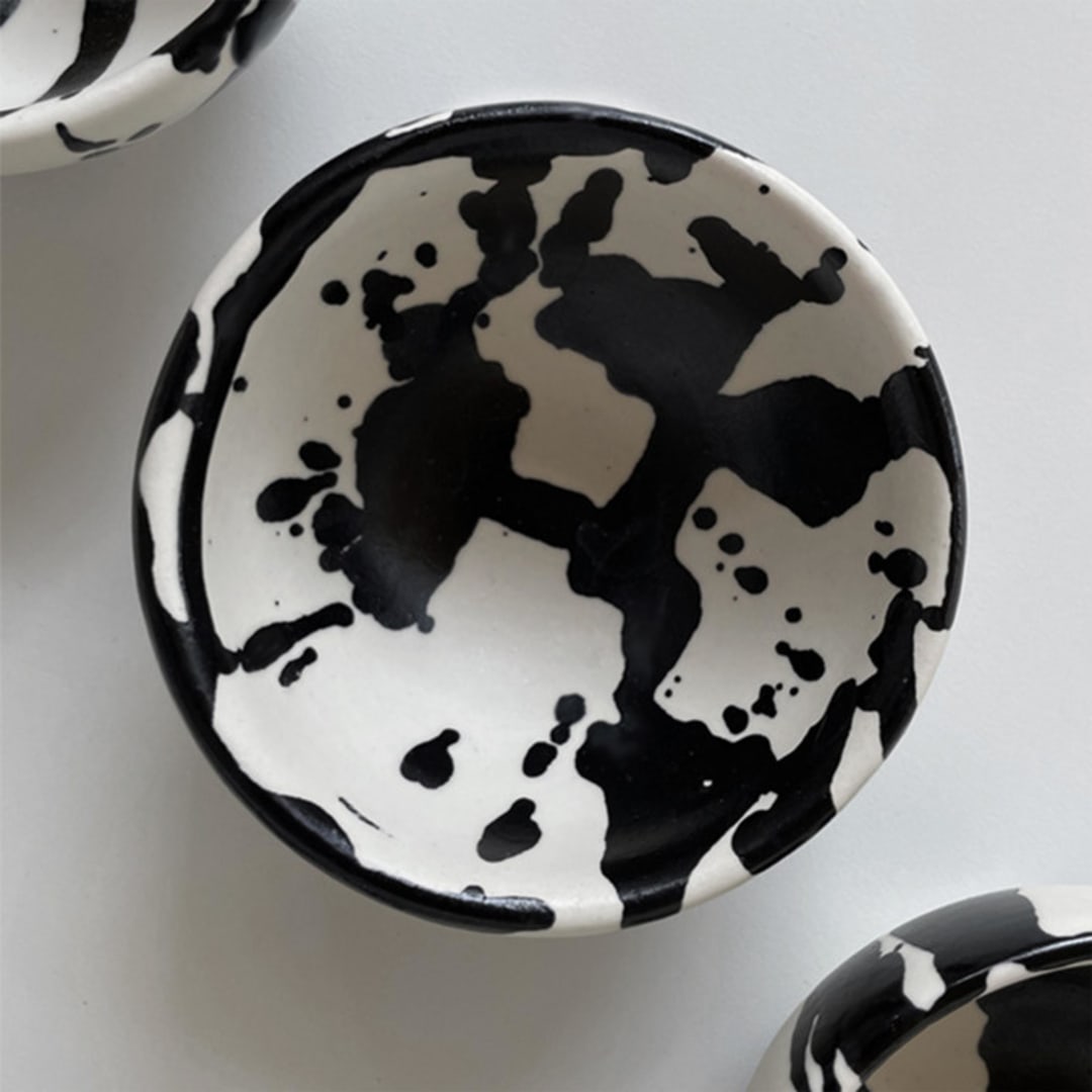 Set of 4 Handmade Ceramic Dipping Bowls - Black & White Splatterware