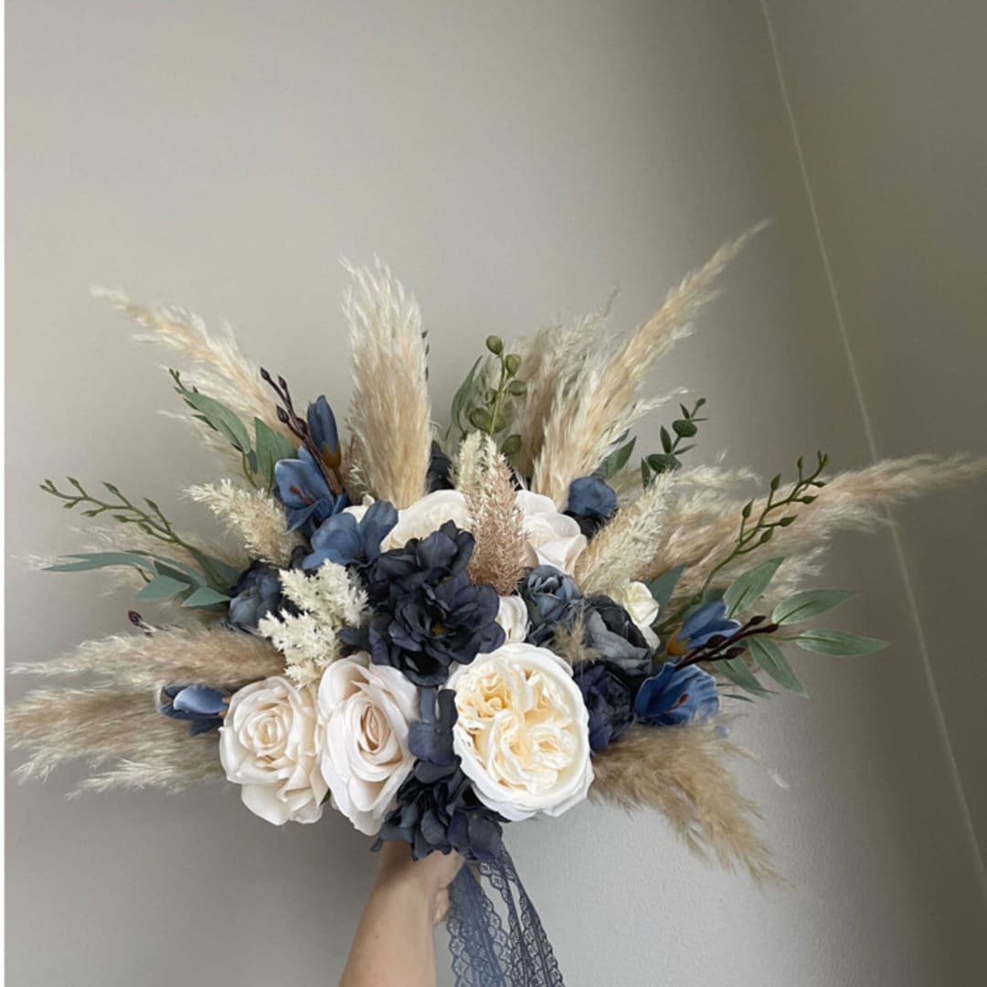 Pampas Ivory Dusty Blue Bridal Bouquet