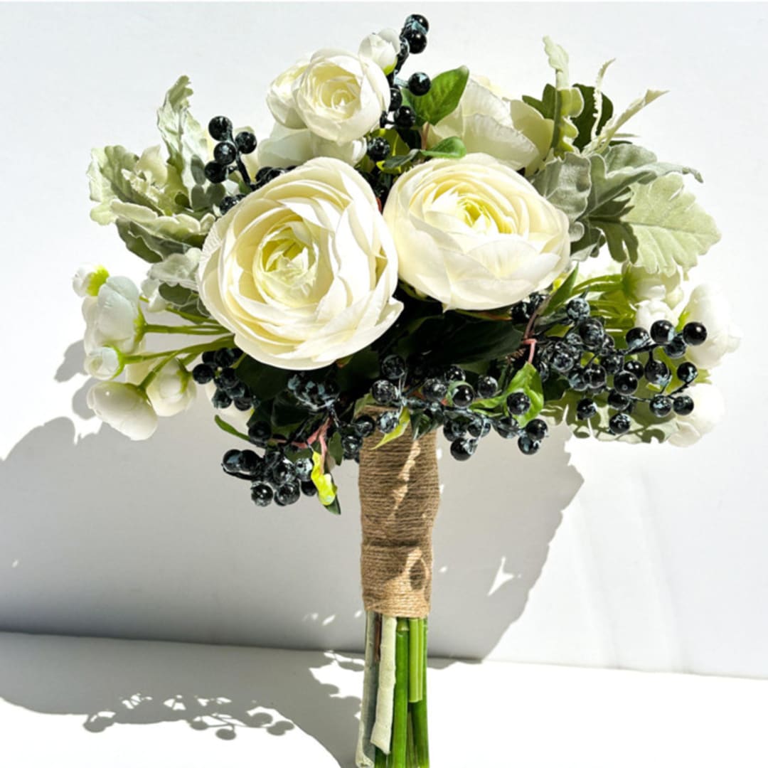 "Pale Green Ranunculus Wedding Bouquet with Blueberries, Silk Artificial Flower Centerpiece Decor" - Bouquets in green by Kristina Jancso