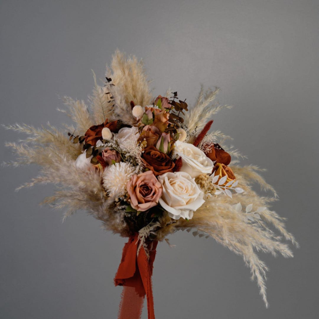 "Bohemian Burnt Orange Pampas Grass Bridal Bouquet" - Bouquets in orange by Bird of Paradise OS