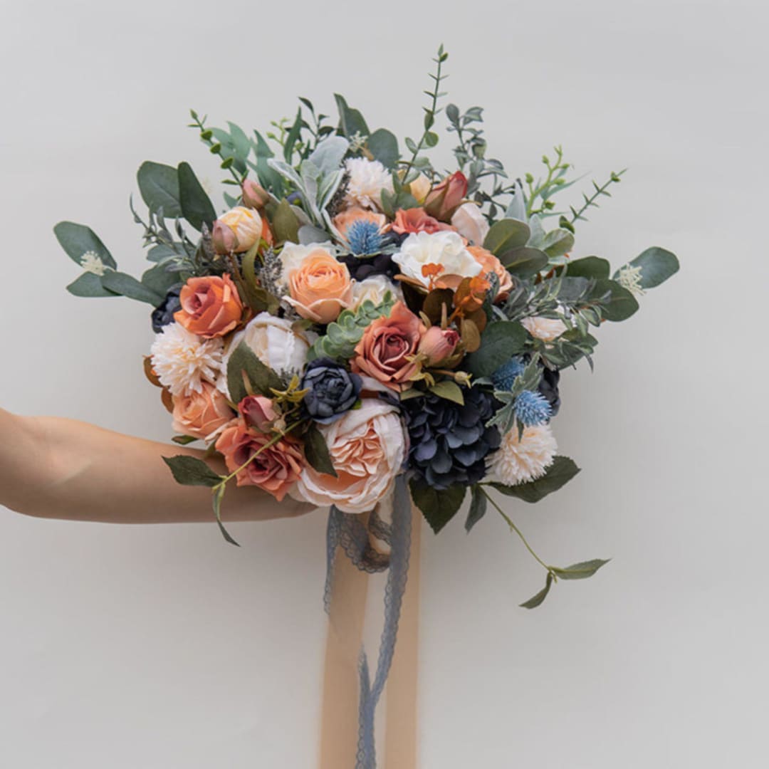 Orange Dusty Blue Bridal Bouquet