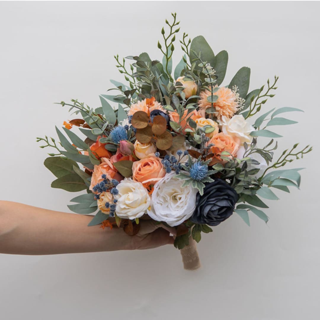 "Orange Dusty Blue Bridesmaids Bouquet" - Bouquets in orange by Bird of Paradise OS