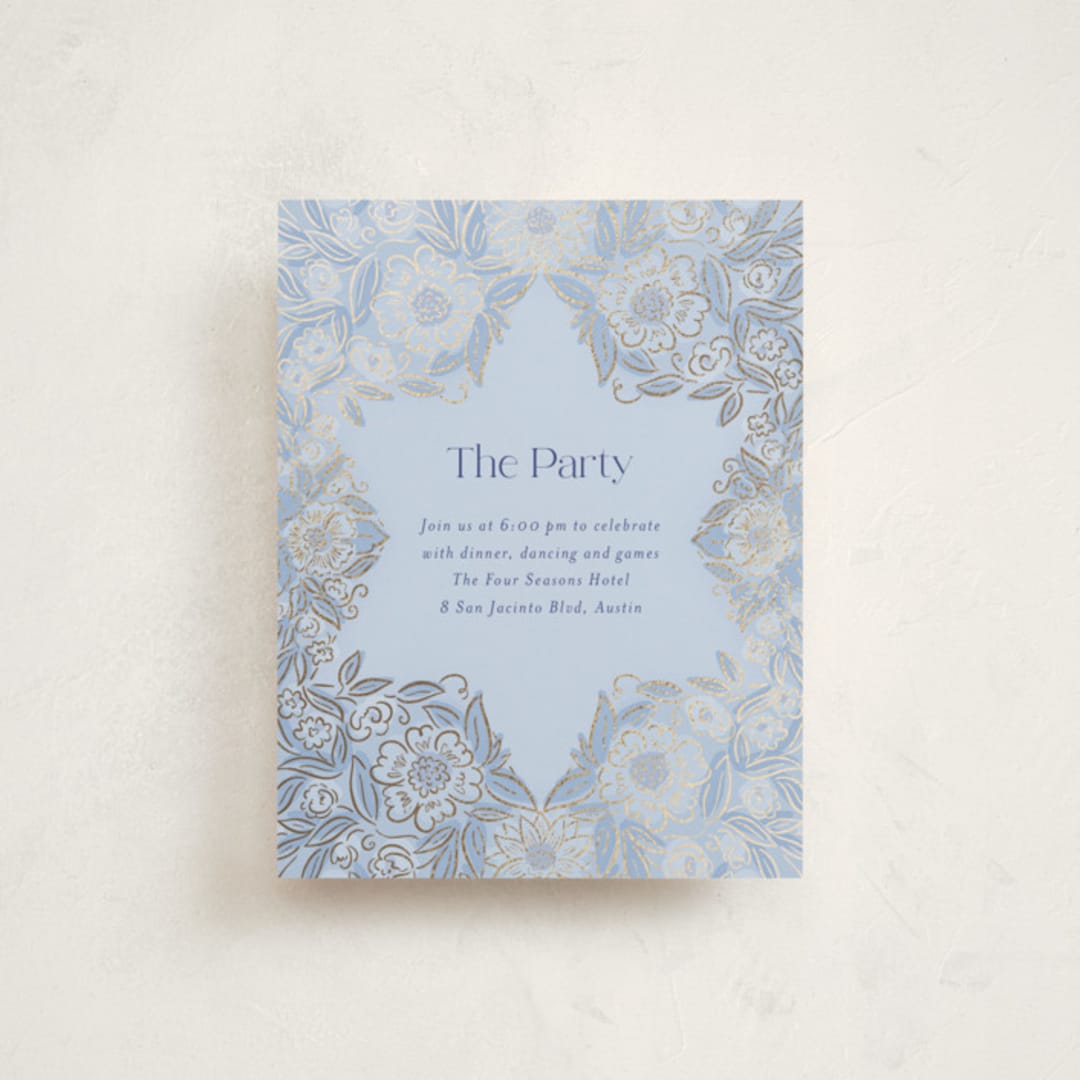 "Blooming Mitzvah" - Mitzvah Reception Cards in Sky by Simona Camp - Front