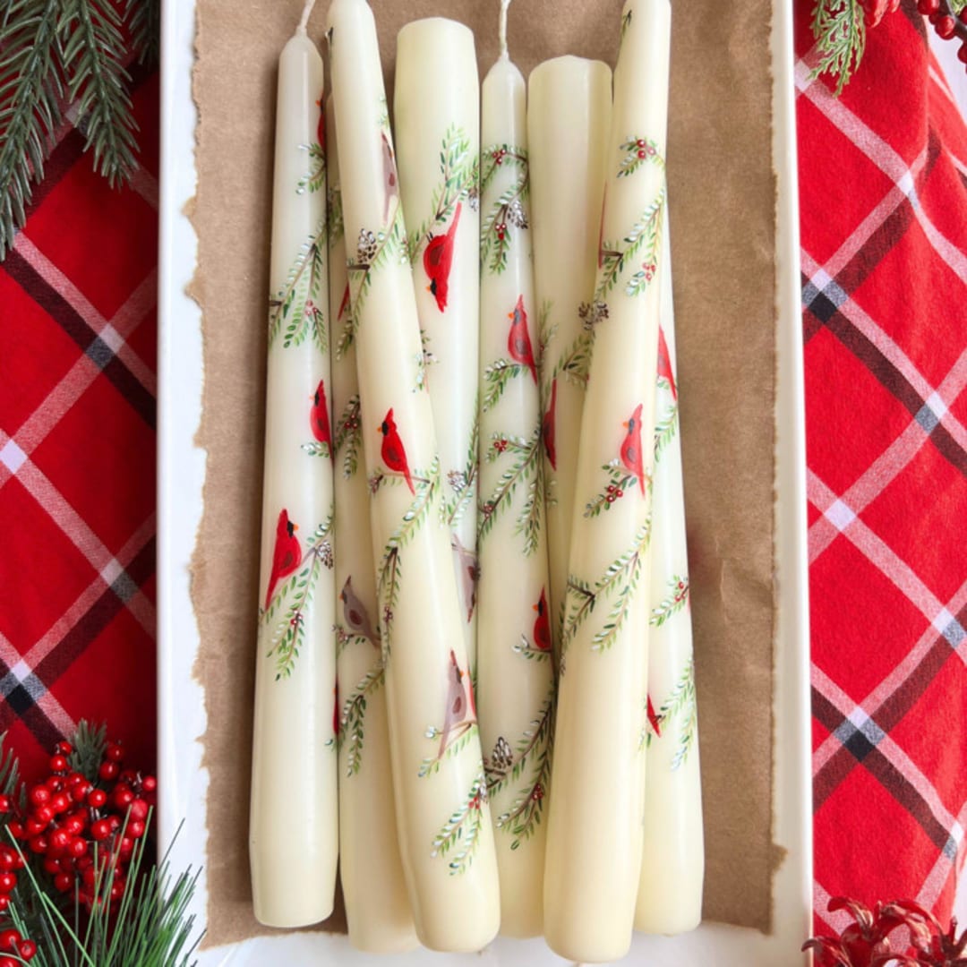 "Set of Two Christmas Cardinal Taper Candles" - Candles and Holders in beige by Emily de Moraes