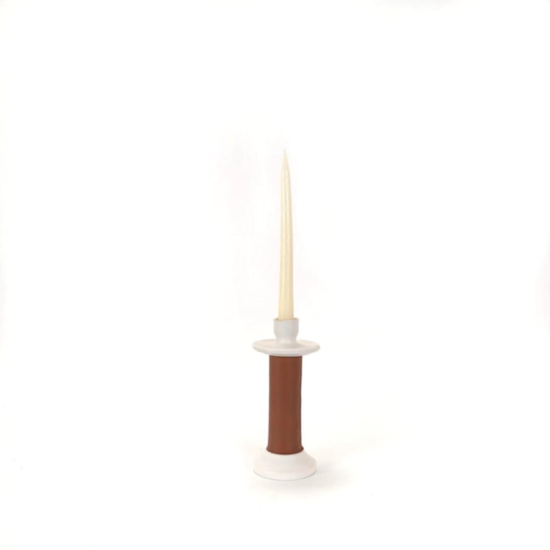 "Handcrafted Leather-Wrapped Candle Holder - White/Short" - Candles and Holders in white by Powered By People