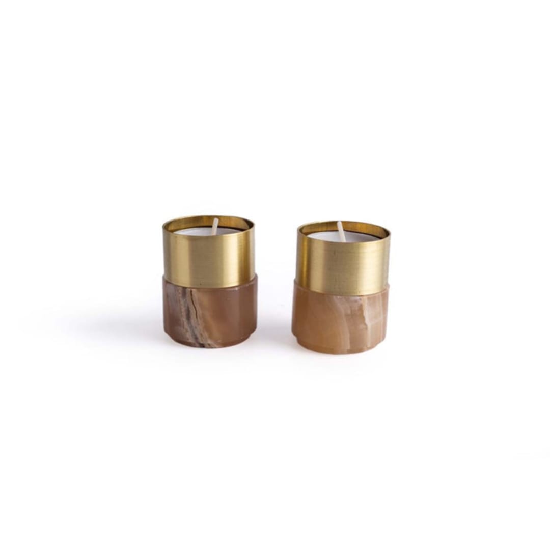"Elegant Brass Candle Holder with Amber Alabaster Finish" - Candles and Holders in bronze by Powered By People
