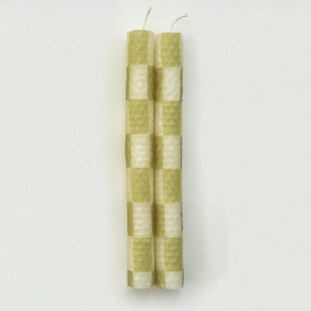 "Checkered Taper Candles (White & Moss)" - Candles and Holders in green by Annie Shapiro
