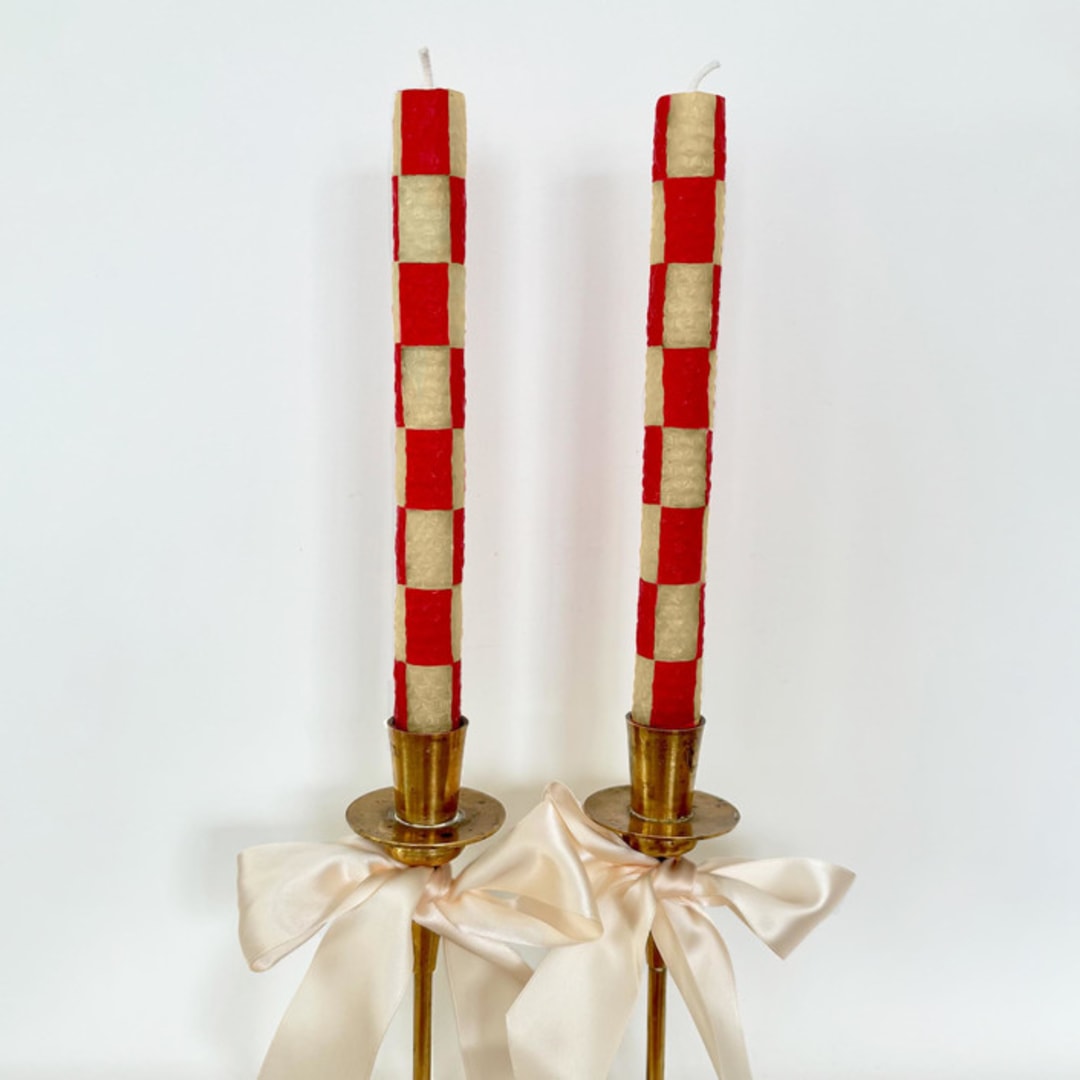 "Checkered Taper Candles (Red & Beige)" - Candles and Holders in red by Annie Shapiro
