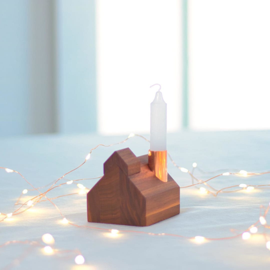 "Modern Sugarhouse with Shiny Copper Chimney Candle Holder" - Candles and Holders in brown by Ann Nygard