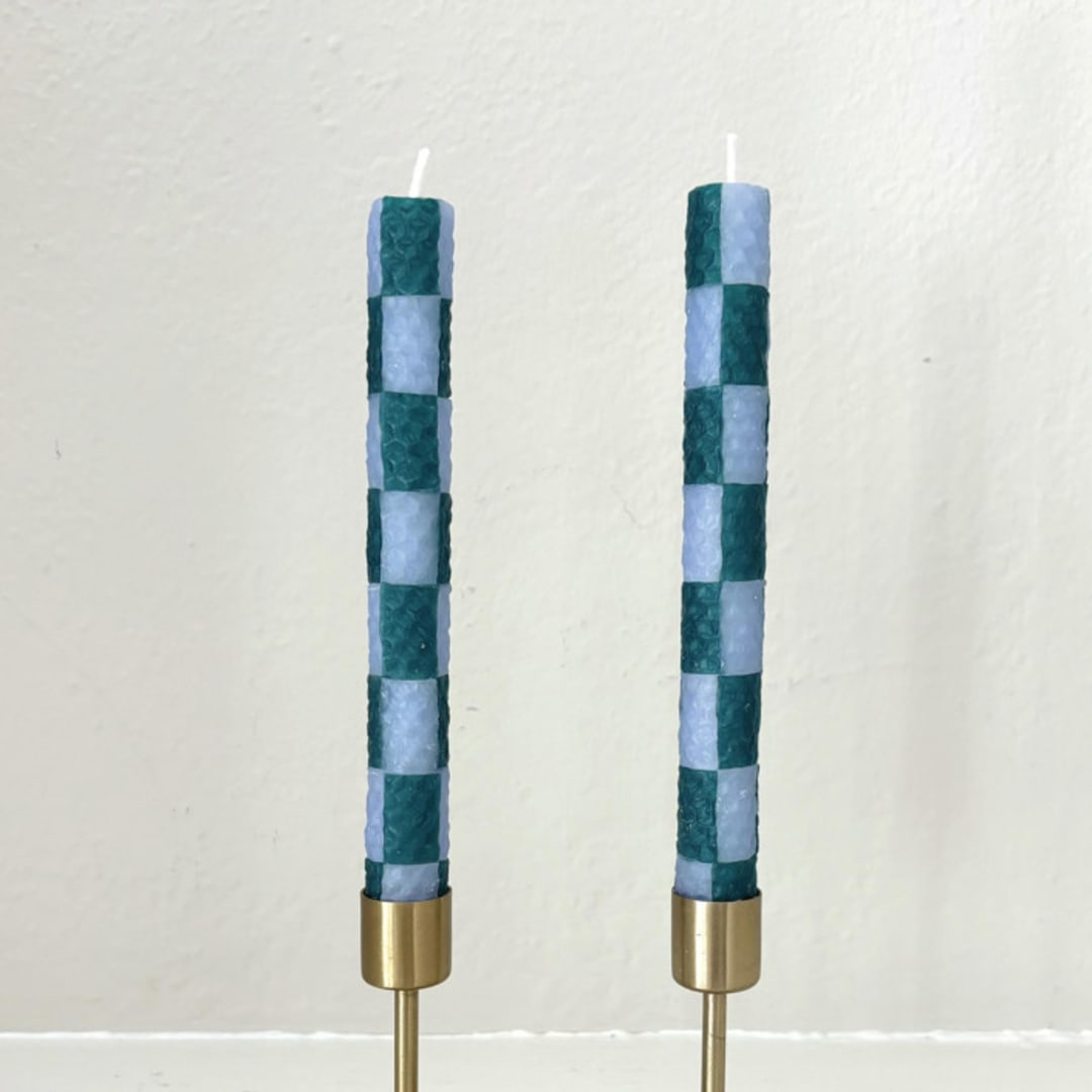 "Checkered Taper Candles (Green & Light Blue)" - Candles and Holders in green by Annie Shapiro